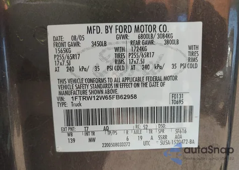 2005 Ford F-150 Xlt из США, поврежденный, VIN 1FTRW12W65FB62958